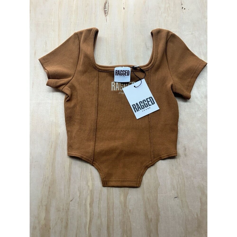 NWTs Ragged Priest Ragged Jeans Corset Hem Top Brown Ribbed Womens Sz 4 S‎